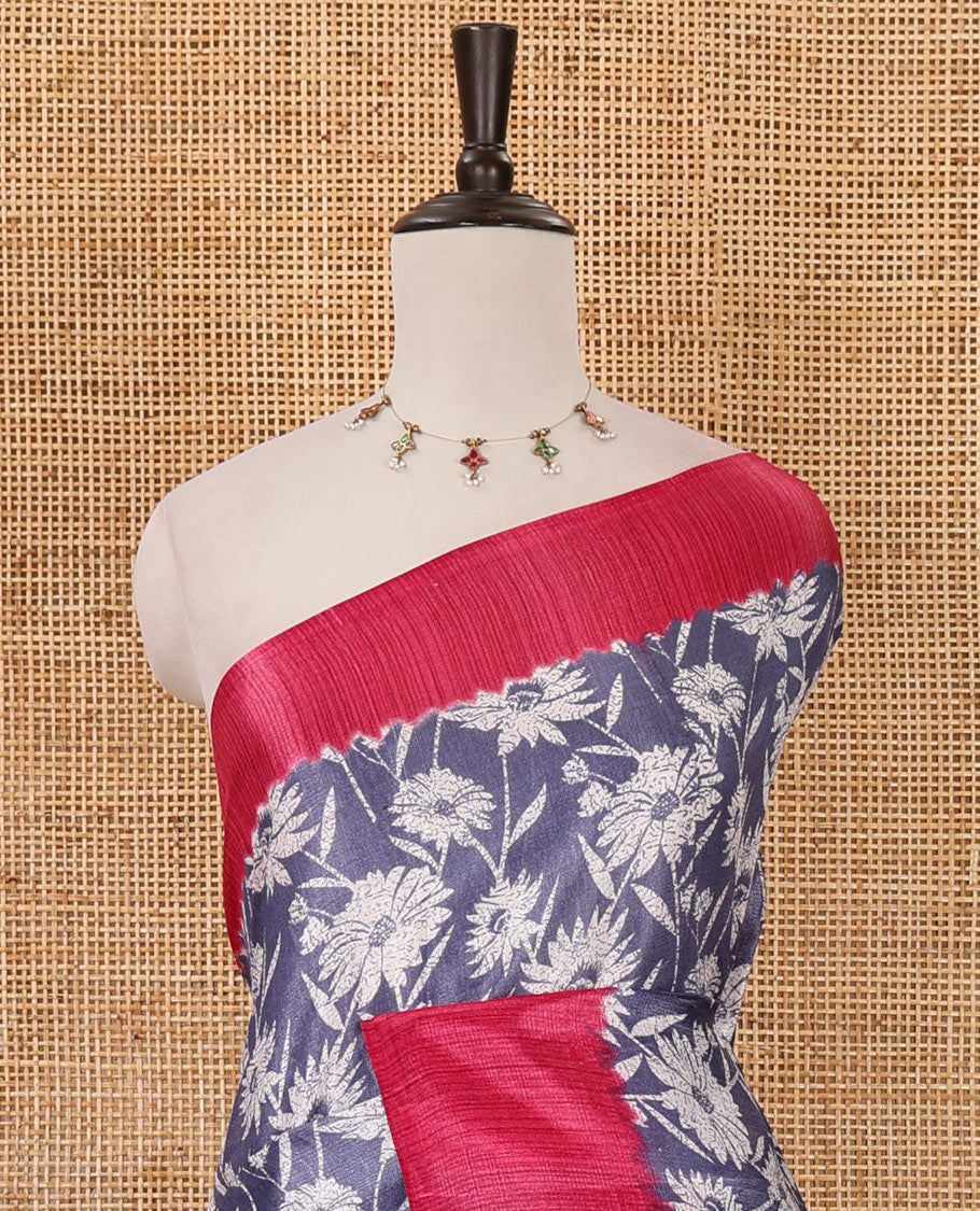 Grey sunflower motifs printed Khadi cotton saree, contrast plain border, patola geometric printed pallu & contrast blouse