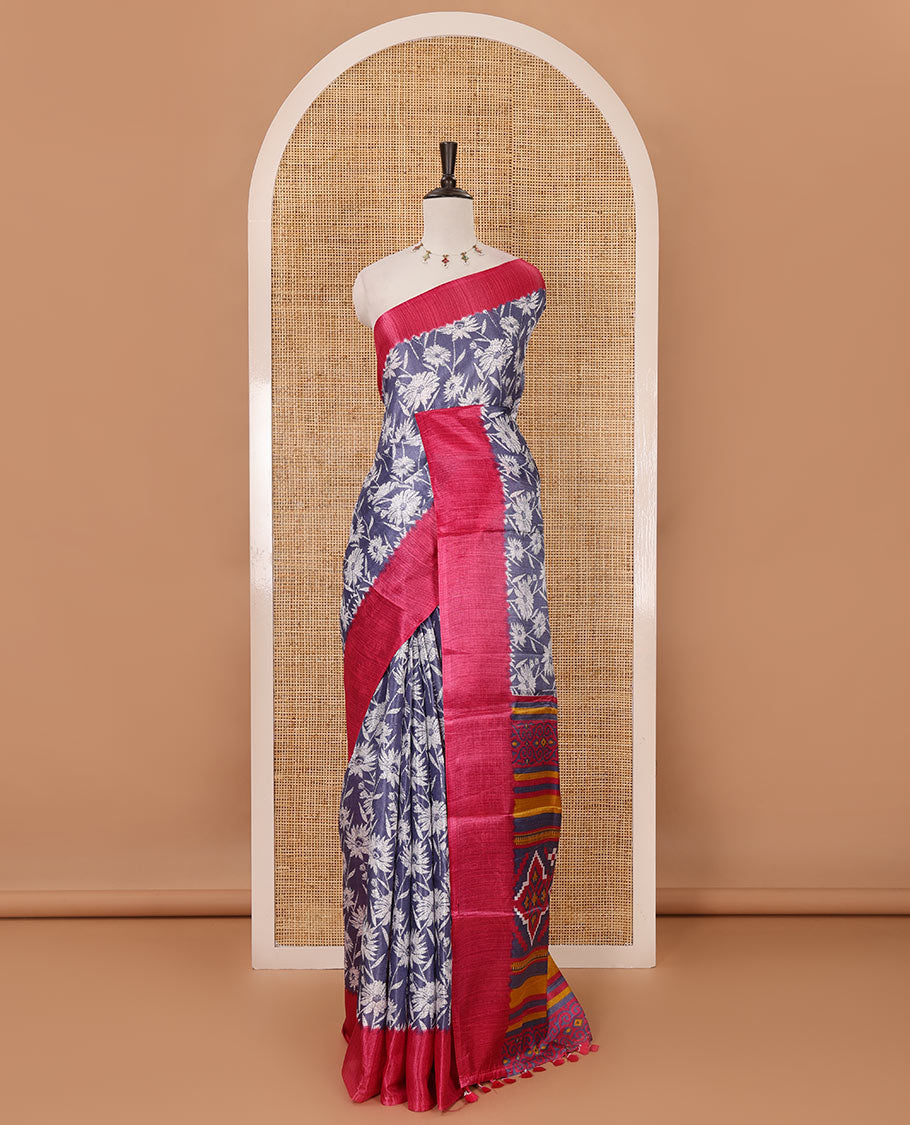Grey sunflower motifs printed Khadi cotton saree, contrast plain border, patola geometric printed pallu & contrast blouse