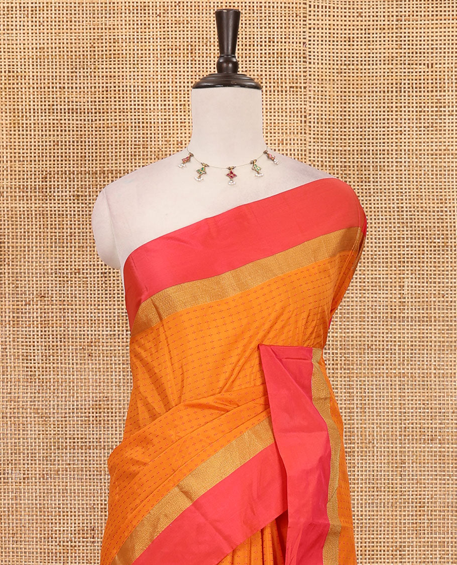 Yellow plus thread buttas semi-soft saree, contrast zari satin border, striped pallu & contrast plain blouse
