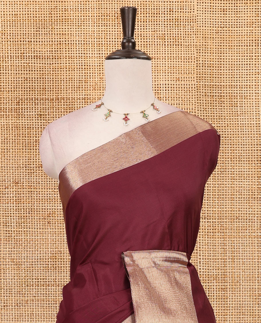 Purple full-plain soft-mercerized cotton saree, zari bavanji border, striped pallu & plain blouse
