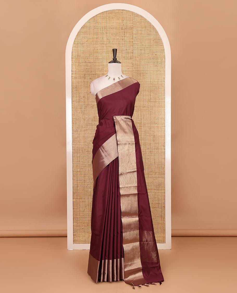 Purple full-plain soft-mercerized cotton saree, zari bavanji border, striped pallu & plain blouse
