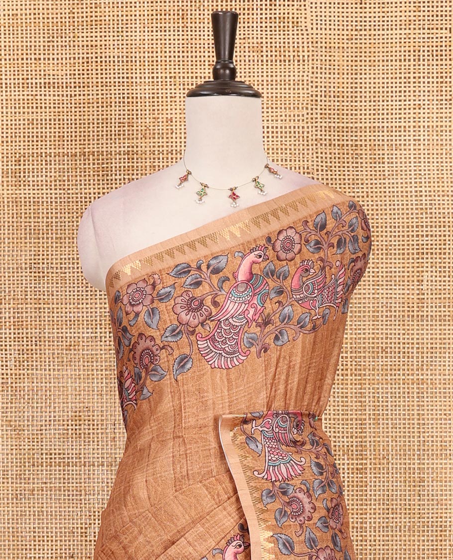 Mustard full-plain katan silk saree, double-side kalamkari floral vine and bird printed temple zari border and matching floral vine printed blouse