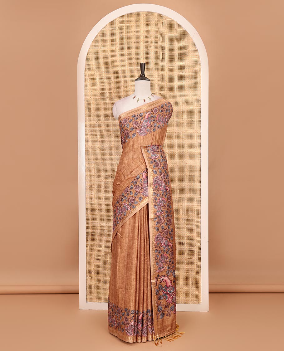 Mustard full-plain katan silk saree, double-side kalamkari floral vine and bird printed temple zari border and matching floral vine printed blouse
