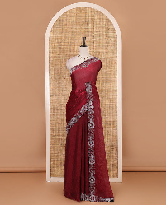 Wine full-plain fendy chiffon saree, scallop swarovski stone work geometric border and contrast plain blouse