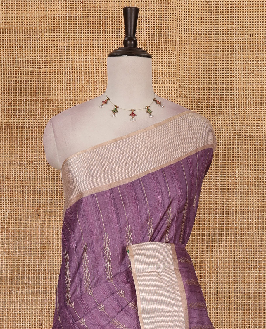 Purple floral vines thread embroidered Tussar saree, contrast Thread border, plain pallu, and contrast blouse