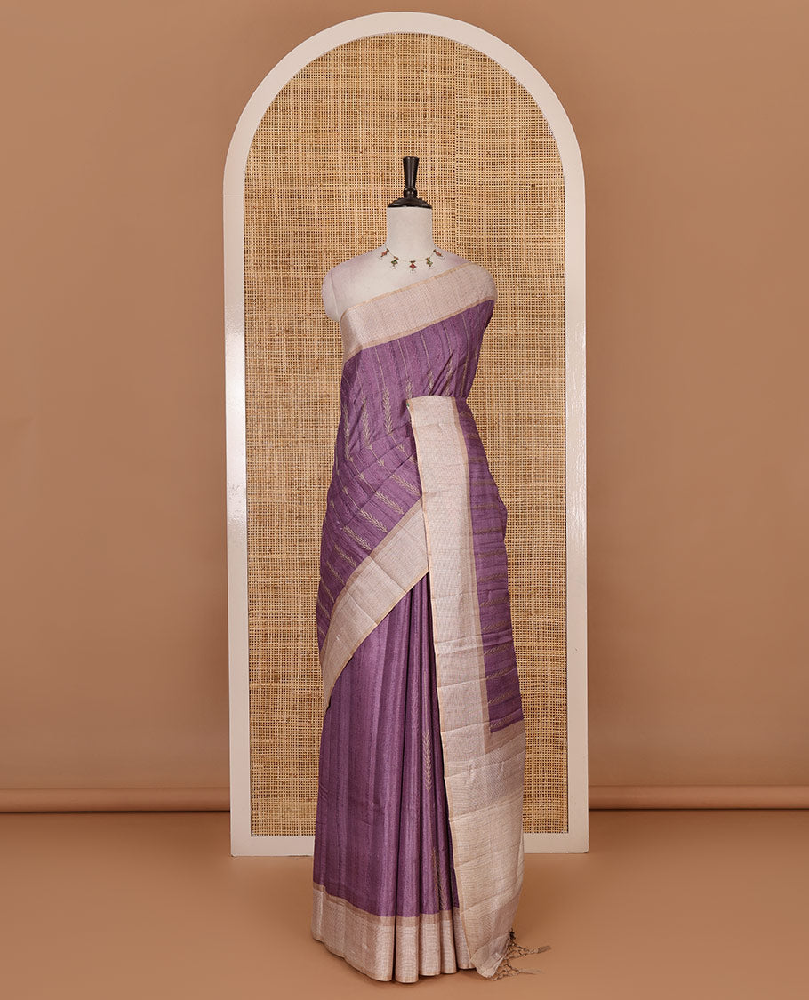 Purple floral vines thread embroidered Tussar saree, contrast Thread border, plain pallu, and contrast blouse