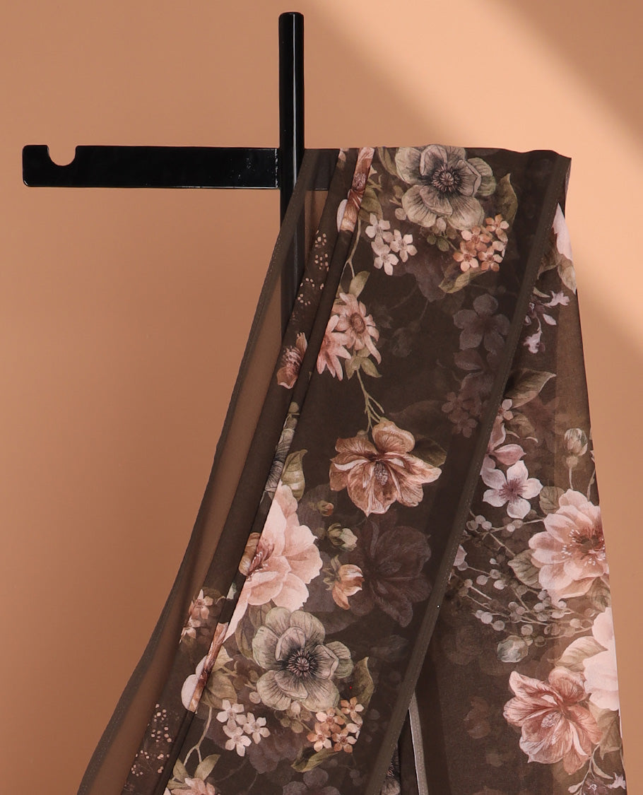Borderless brown digital floral print georgette saree with self pallu