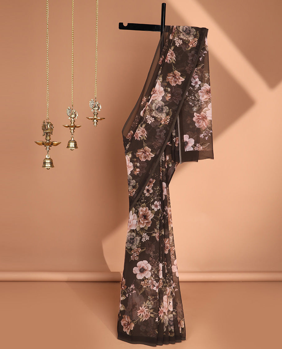 Borderless brown digital floral print georgette saree with self pallu
