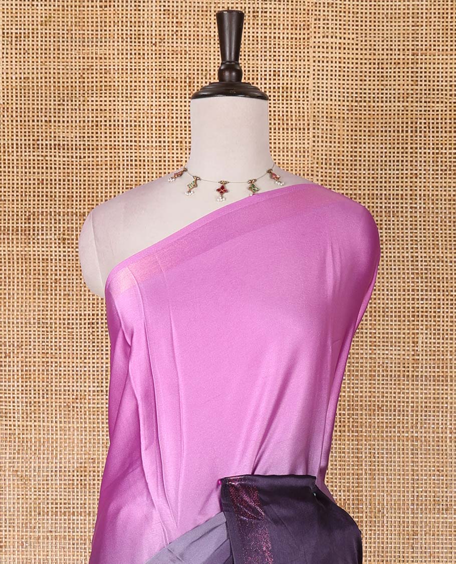 Pink ombre full-plain satin crepe saree, copper zari border, and plain blouse