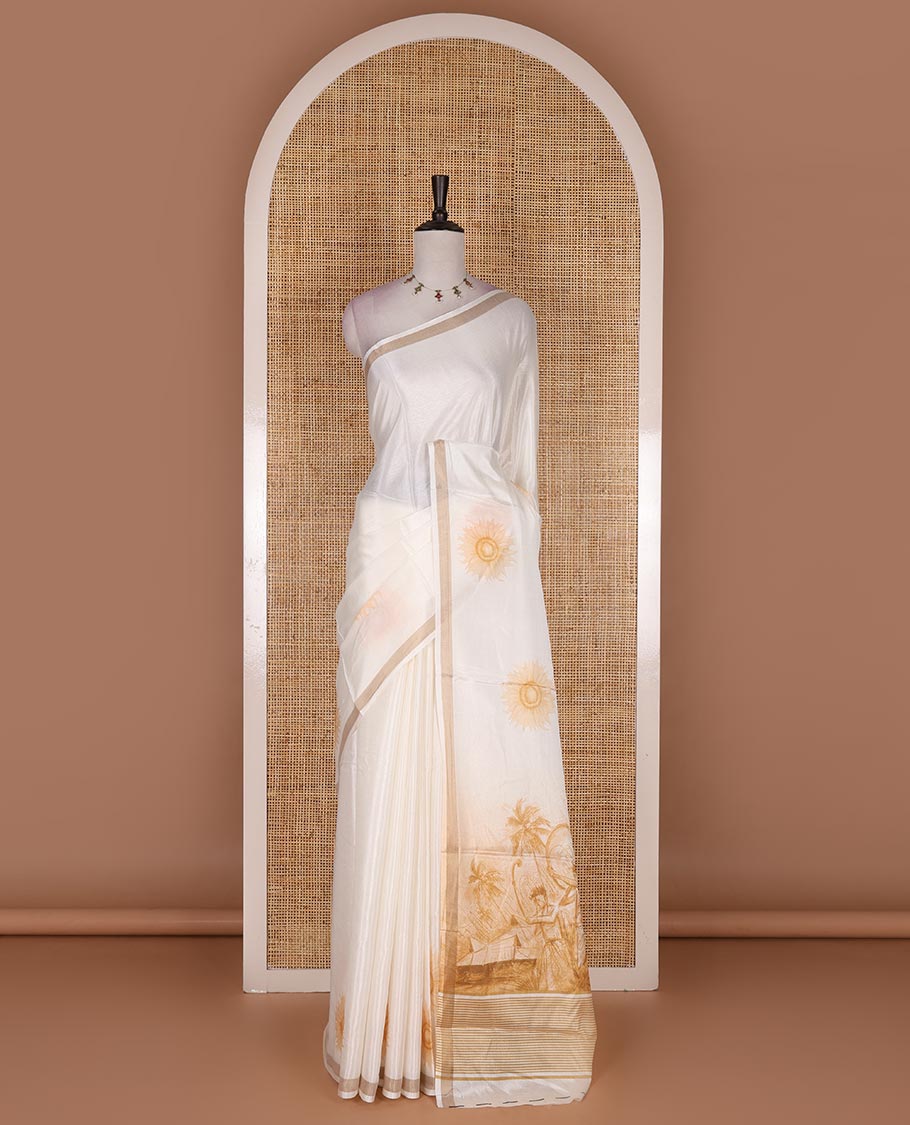 Half-white sunflower printed Kerala cotton saree, zari border, pallu of farming theme print, and matching blouse