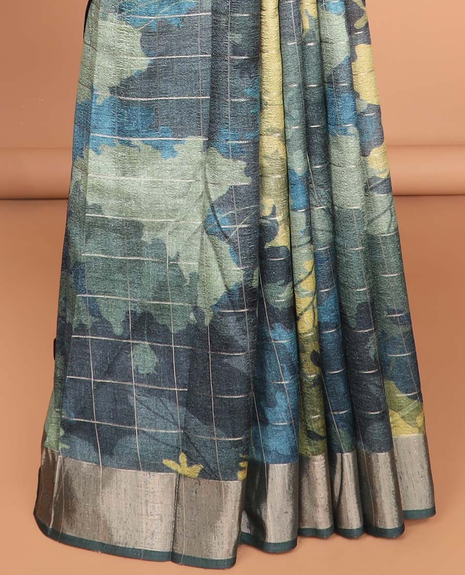 Green checks with floral printe semi tussar saree, gold zari bawanchi border & printed pallu along with checked blouse