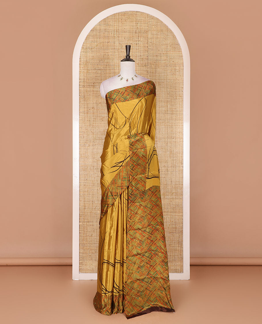 Yellow abstract style geometric printed Turkey crepe saree, contrast border, and pallu of abstract textured print