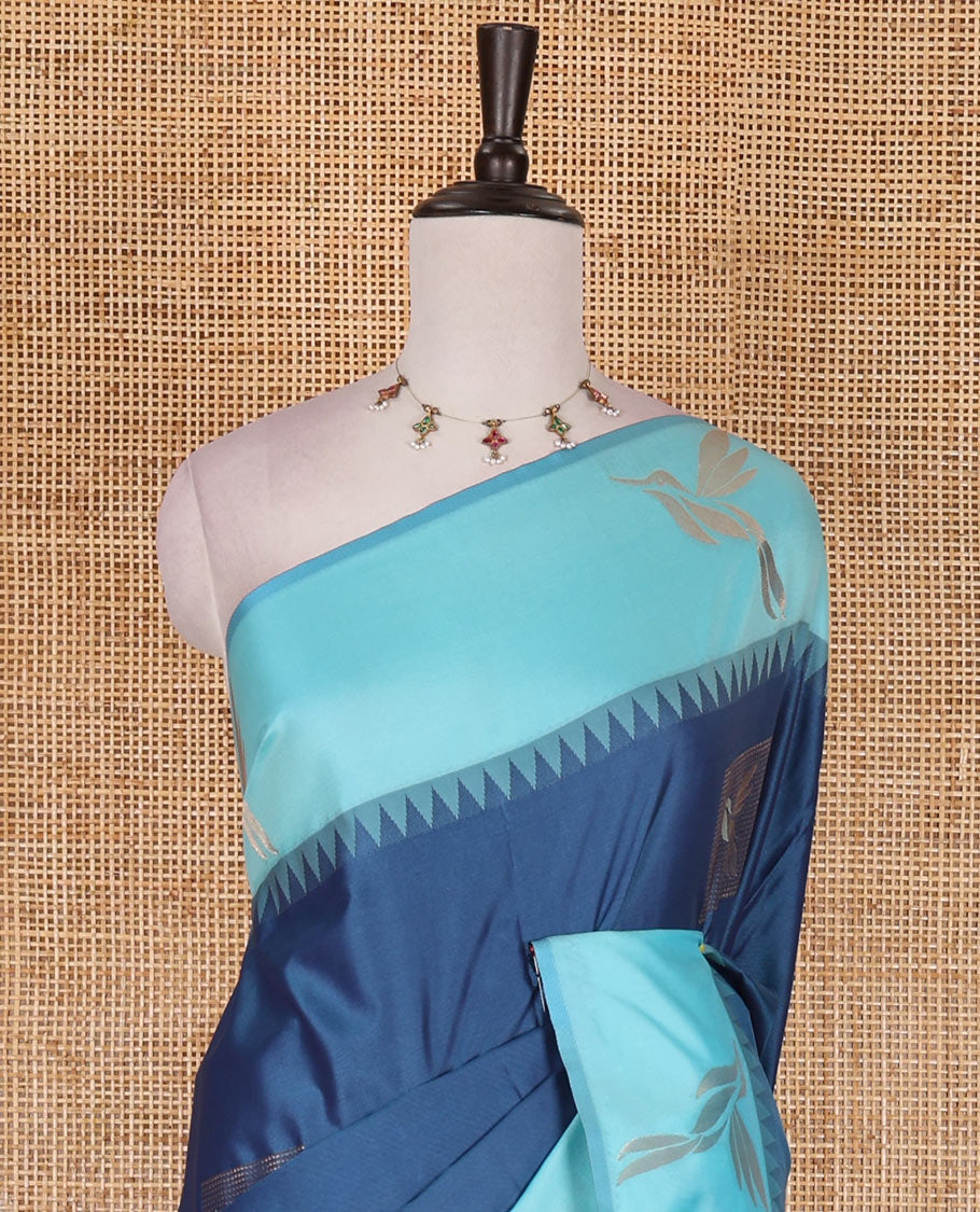 Blue hummingbird zari buttas Mulberry silk saree, contrast hummingbird motifs temple border, intricate pallu, and contrast zari design blouse