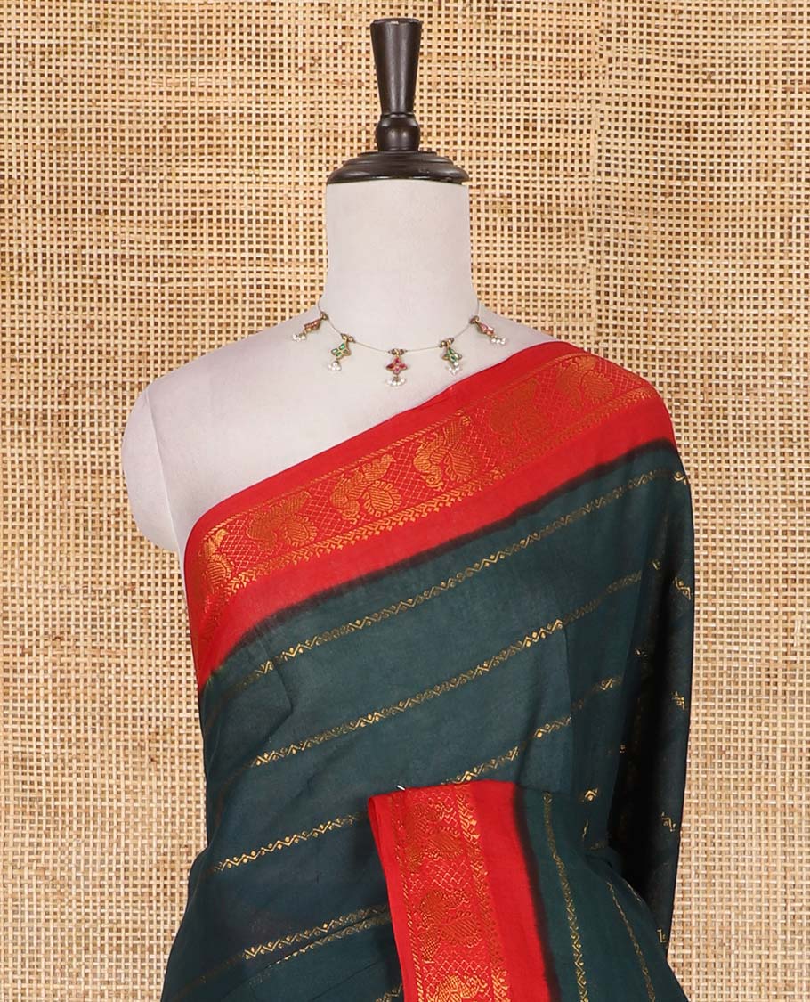 Green veldhari zari striped Sungudi cotton saree, contrast peacock zari motif border, zari striped pallu, and contrast zari design blouse
