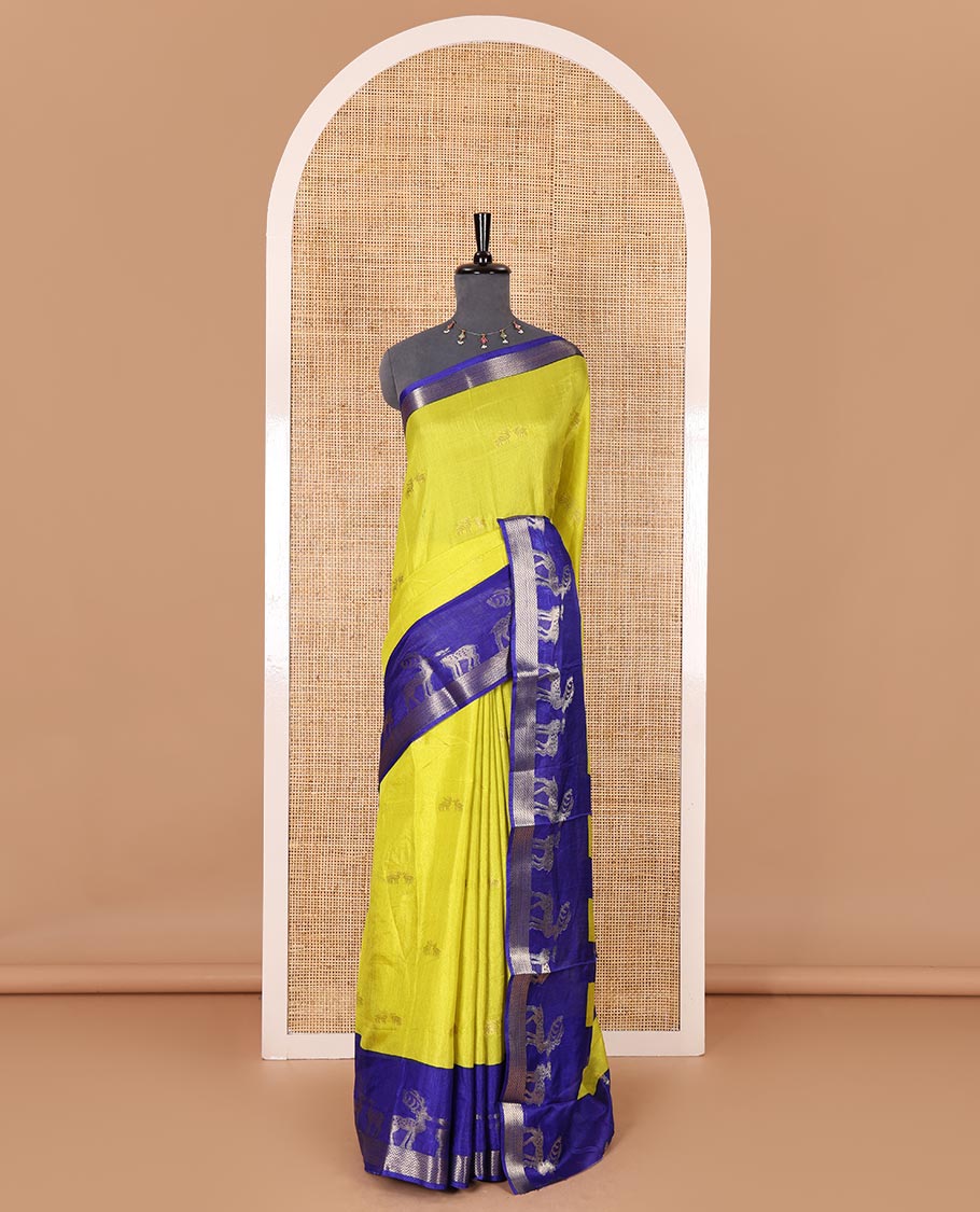 Lime yellow deer copper zari buttas dola silk saree, contrast chevron and deer motifs zari border, deer motifs pallu, and contrast deer motifs blouse