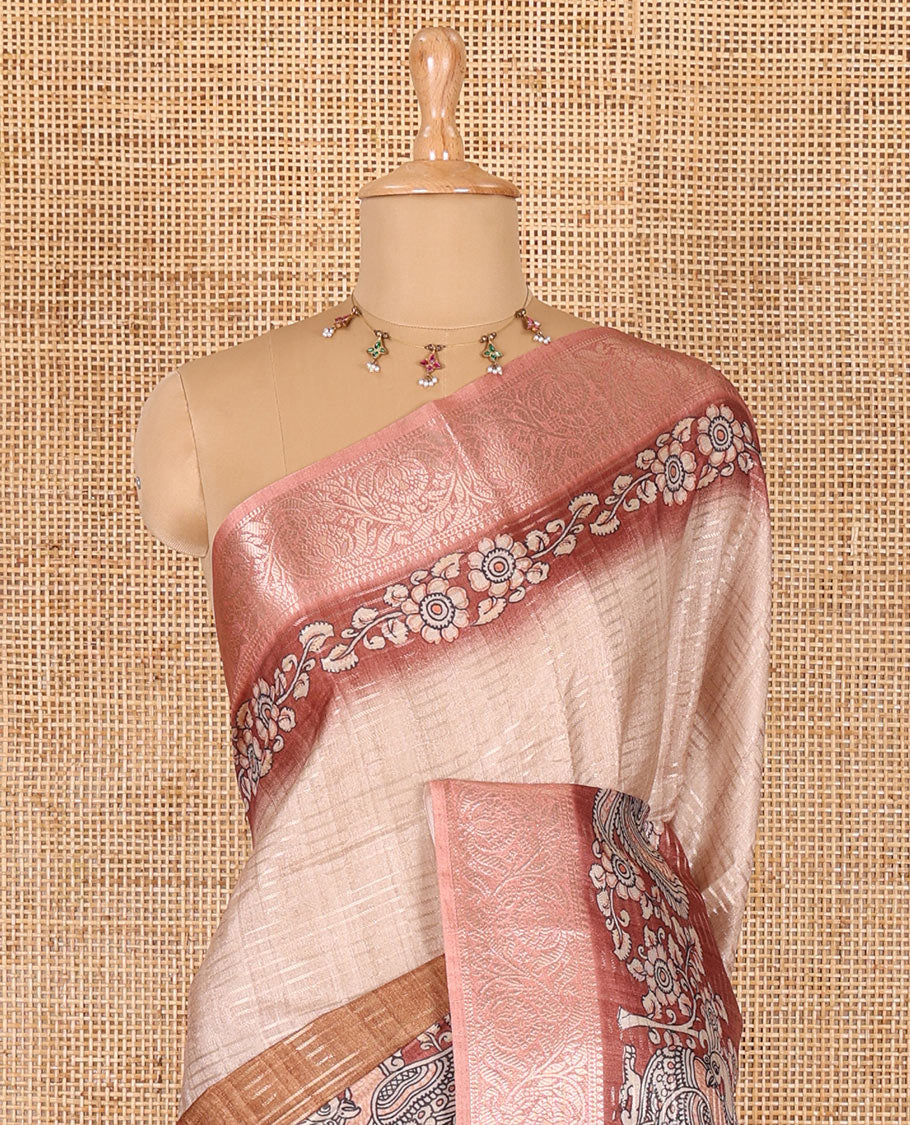 Brown tri-ombre colored zari stripes, and kalamkari peacock printed semi-tussar saree, contrast floral creeper zari border, peacock printed pallu, and a contrast blouse of zari and print work