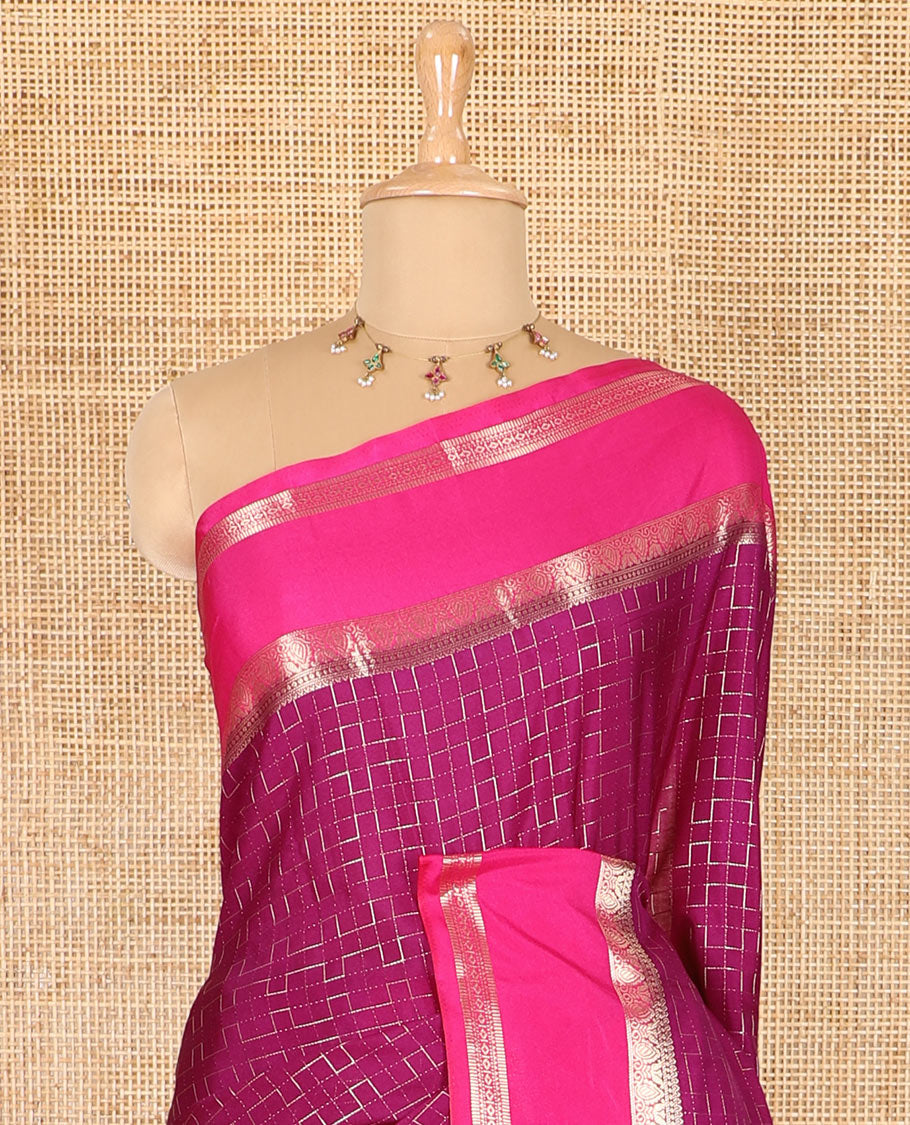 Violet maze geometric-patterned semi-mysore silk saree, contrast rettai pettu traditional zari border, intricate pallu, and a contrast geometric-patterned zari-bordered blouse
