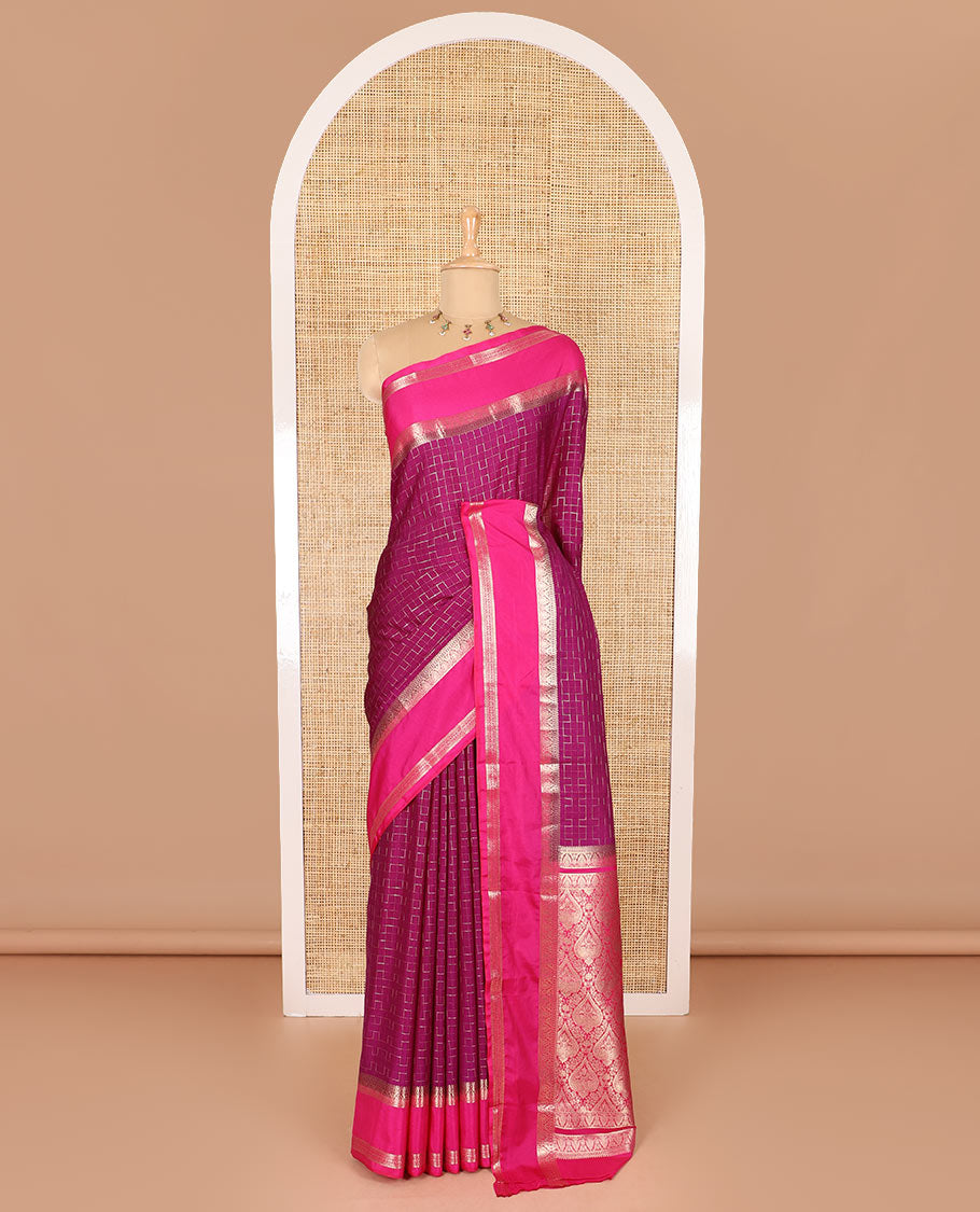 Violet maze geometric-patterned semi-mysore silk saree, contrast rettai pettu traditional zari border, intricate pallu, and a contrast geometric-patterned zari-bordered blouse