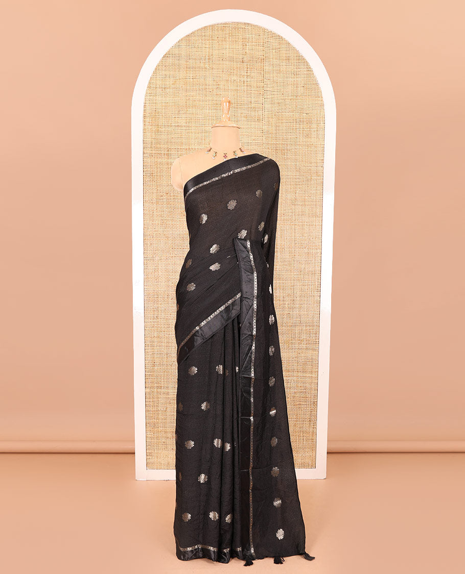 Black floral zari buttas viscose khadi silk saree, traditional zari satin border, floral zari buttas woven pallu, and a matching zari design blouse