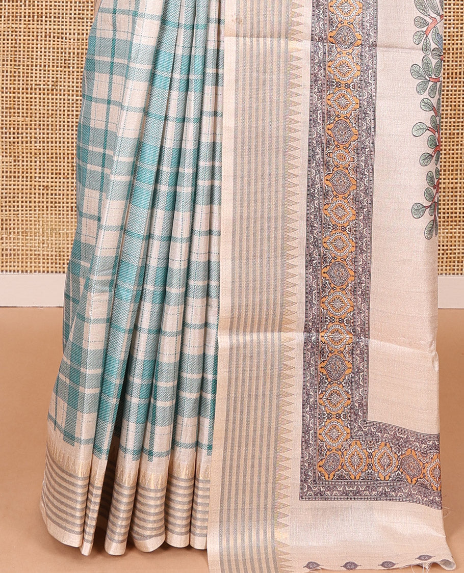 Rama checked patterned semi-tussar saree with contrast temple striped border, Madhubani printed pallu, and a contrast printed blouse