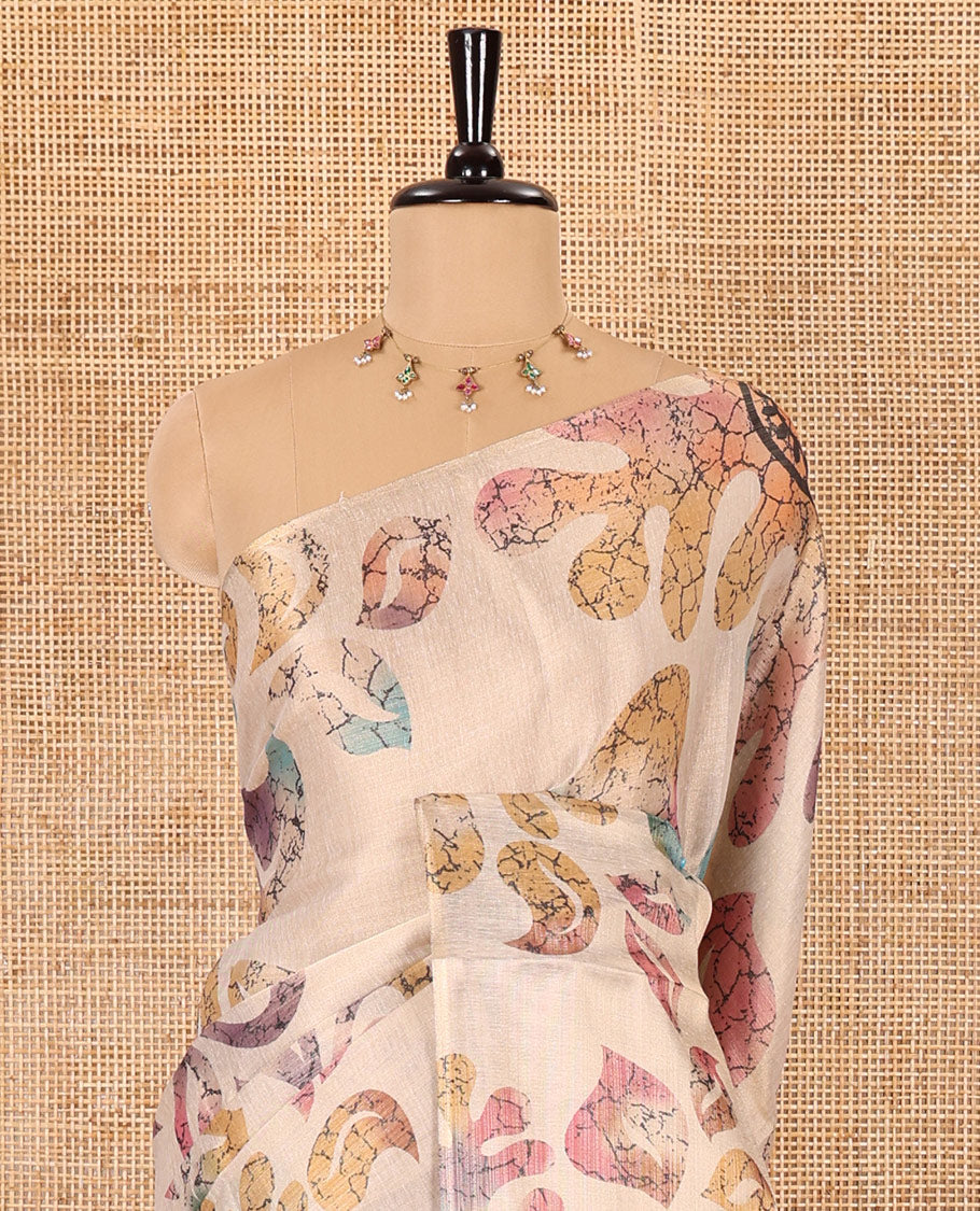 Borderless cream base multi-color abstract floral printed tissue saree, abstract printed pallu and a matching motifs printed blouse
