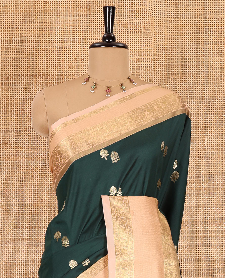 Bottle green buttas soft silk saree , contrast peacock and mango zari weaving border , contrast weaving rich pallu and contrast Blouse