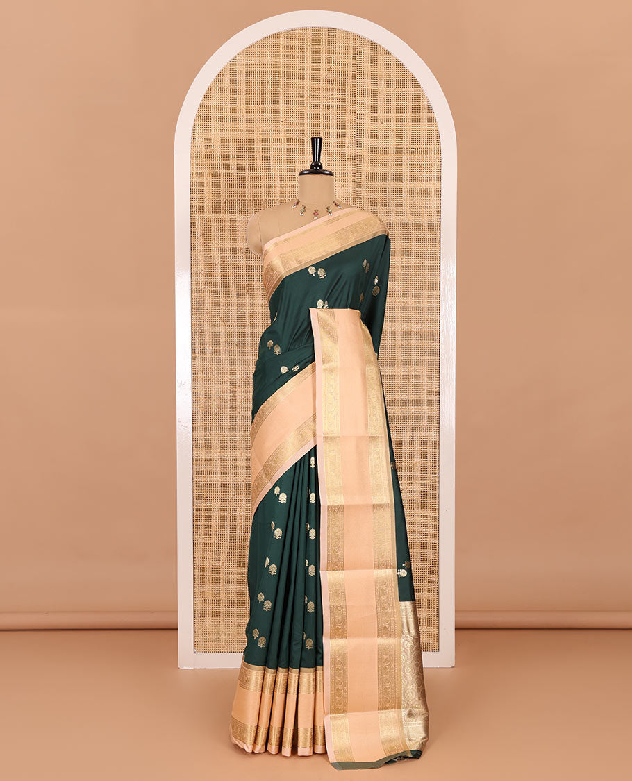 Bottle green buttas soft silk saree , contrast peacock and mango zari weaving border , contrast weaving rich pallu and contrast Blouse