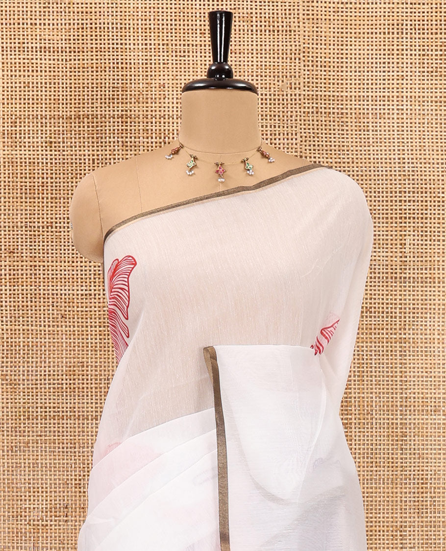 Borderless white big banana leaf motifs printed chanderi cotton saree, printed pallu, and contrast printed blouse