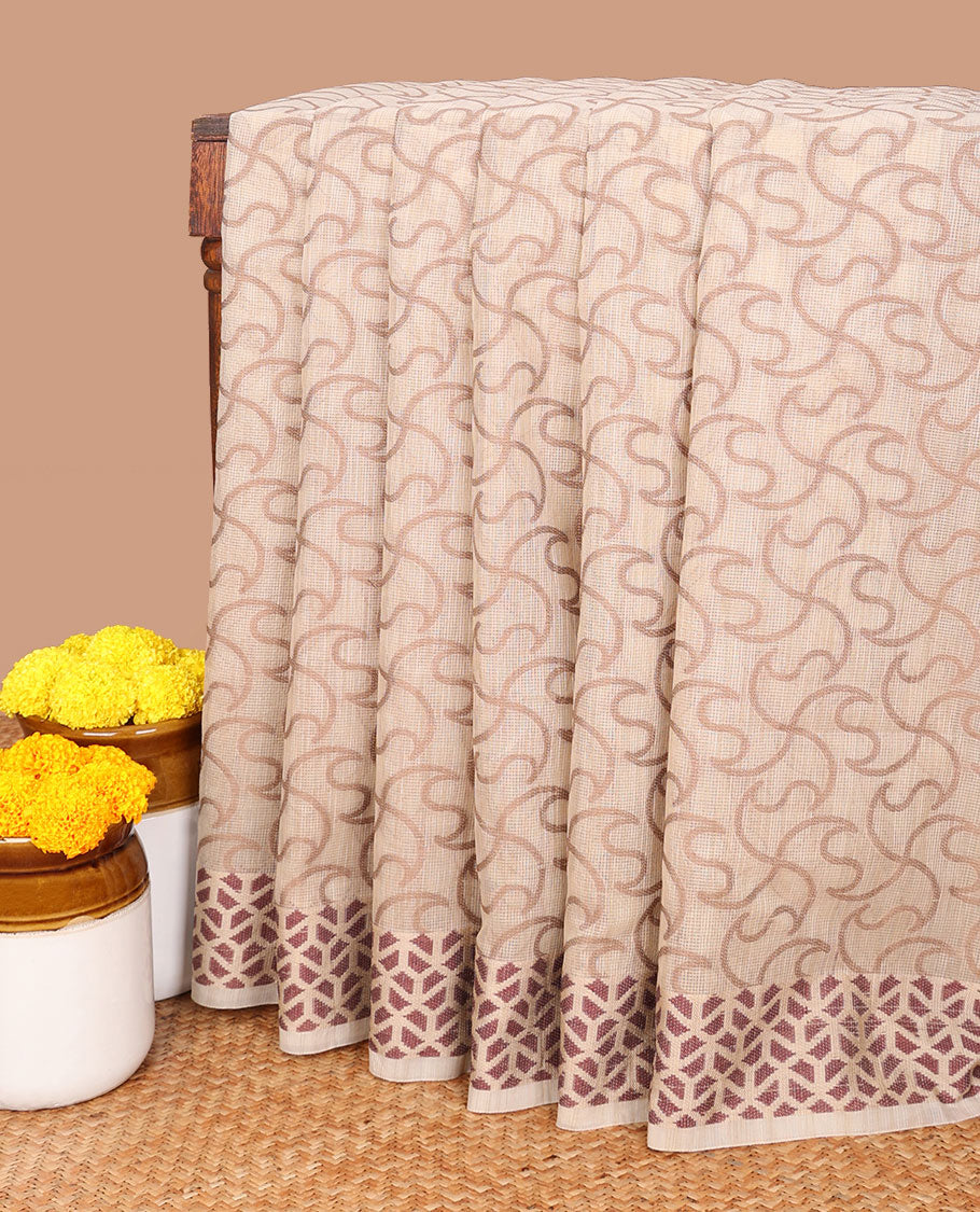 Cream with purple thread weaving design banaras kota checks saree, geometric thread border & plain pallu along with plain blouse