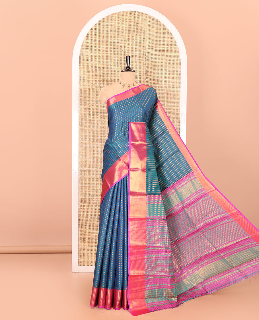 Blue zari buttas semi-soft silk saree, contrast plain zari border, contrast zari buttas steeped pallu, and a contrast zari design blouse
