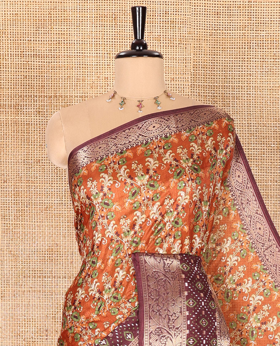 Brown Dola Silk Saree Enlivened with Floral Prints All Over the Body, Complemented by a Contrast Border Featuring Zari and Ikkat Designs, with a Pallu Decked in Ikkat and Floral Prints, Paired with a Contrast Blouse