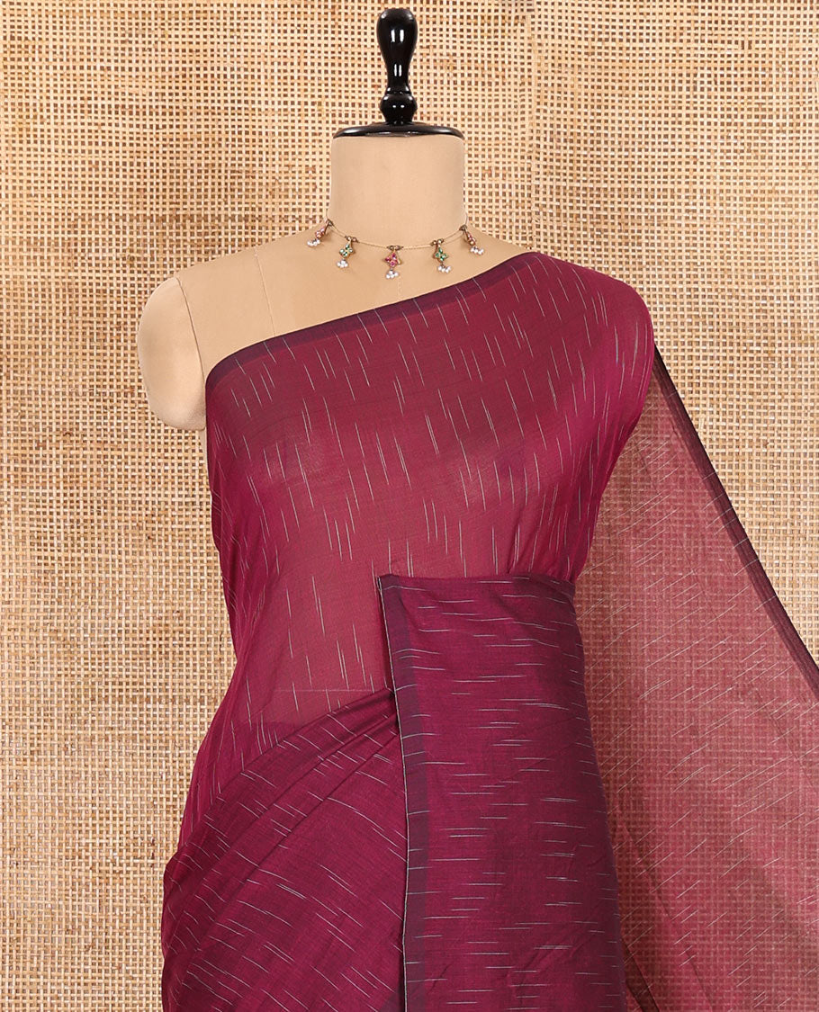 Borderless Purple Khadi Mul Cotton Saree Decked with Jharna-Style Waterdrop Motifs, Featuring a Gleaming Zari-Woven Pallu, Paired with a Matching Blouse Replicating the Body Motifs