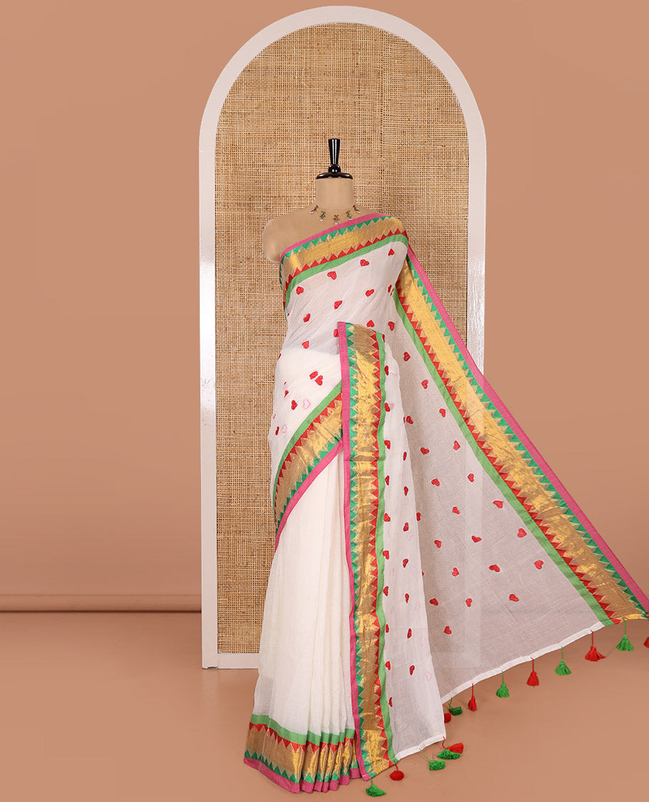 Off-White Khadi Mul Cotton Saree Accentuated with Heart Motifs Embroidery All Over Its Body, Complemented by a Contrast Tissue and Resham Thread Temple Border, Pallu Steeped with Heart Motifs Embroidery, and Paired with a Matching Blouse