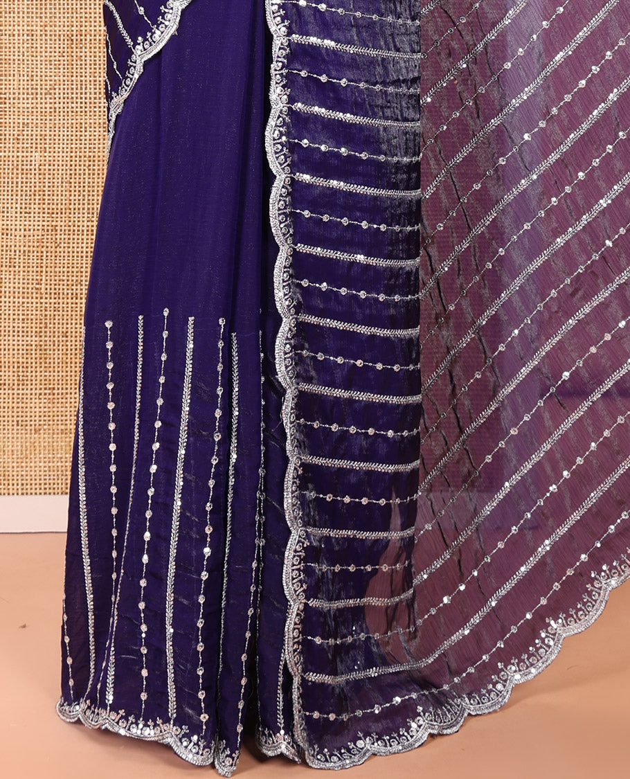 Violet Fendy Chiffon Saree Highlighted with Sequins and Thread Stripes Embroidery, Scallop Embroidered Border, Elegantly Embroidered Pallu, and Paired with a Matching Blouse