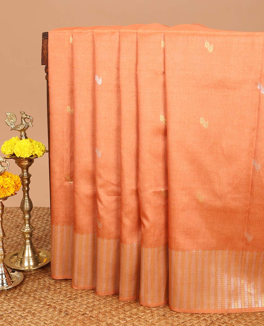 Rust leaf design art tussar saree with diamond design border & rich pallu along with butta design blouse