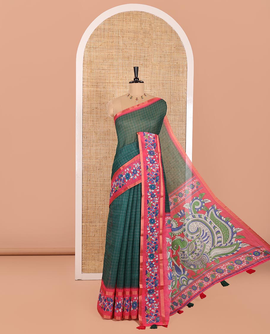 Dark Green Linen Cotton Saree, Adorned with Medium-Size Checks on Its Body, Complemented by a Contrast Kalamkari-Style Floral Printed Border, Pallu of Big Kalamkari Peacock Print, and Paired with a Contrast Floral Printed Blouse