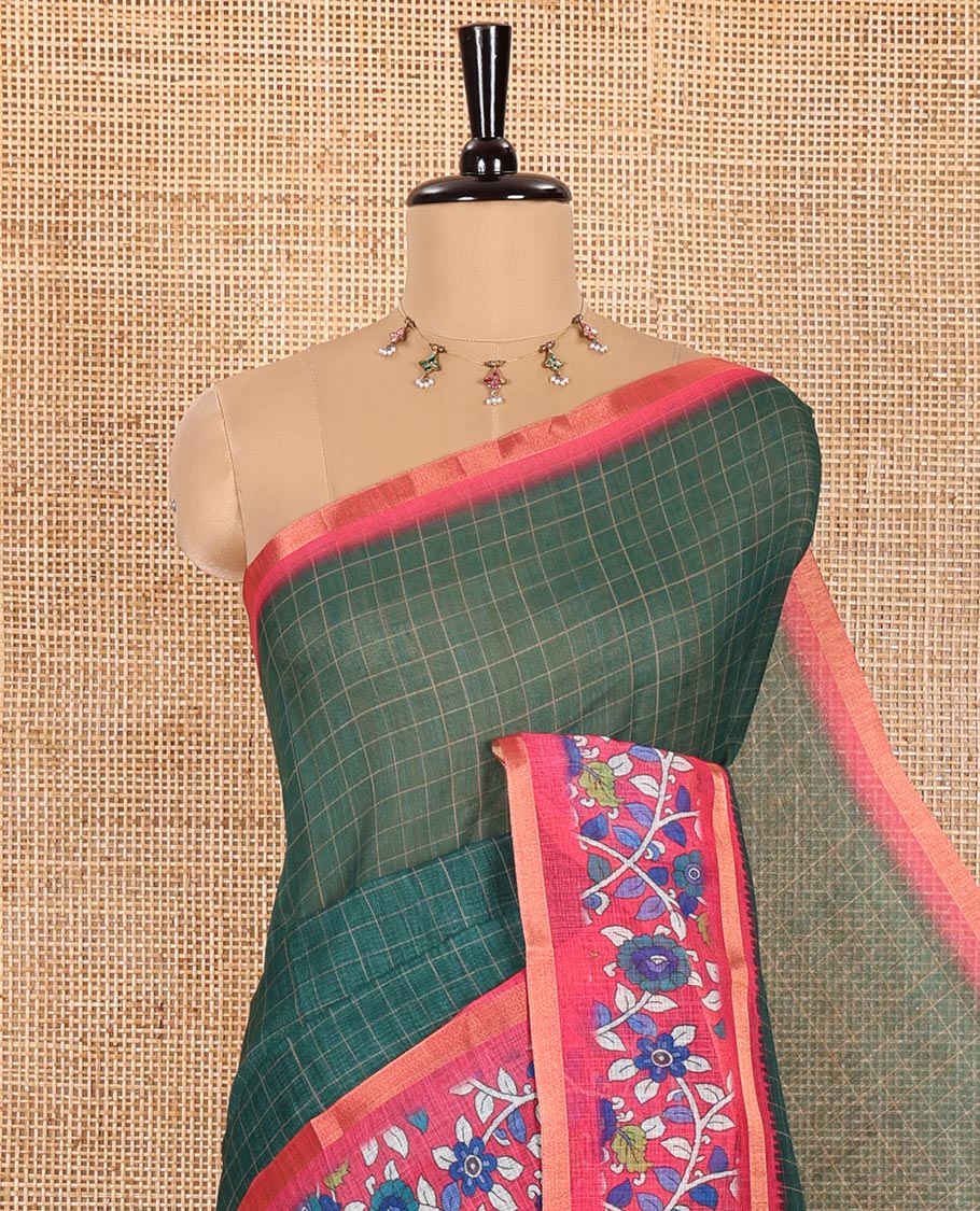Dark Green Linen Cotton Saree, Adorned with Medium-Size Checks on Its Body, Complemented by a Contrast Kalamkari-Style Floral Printed Border, Pallu of Big Kalamkari Peacock Print, and Paired with a Contrast Floral Printed Blouse