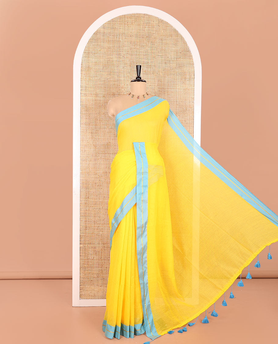 Yellow Plain Khadi Mul Cotton Saree, Complemented by Contrast Zari Striped Border, Plain Pallu, and Paired with a Matching Blouse