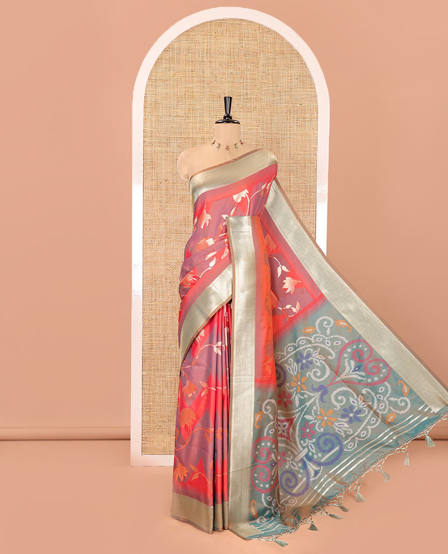 Pink Mulberry Soft Silk Saree, Enriched with Zig-Zag Stripes and Floral Jaal Design on Its Body, Highlighted by a Zari-Decked-Up Border, Pallu Features an Ikkat Design Weave, and Paired with a Blouse