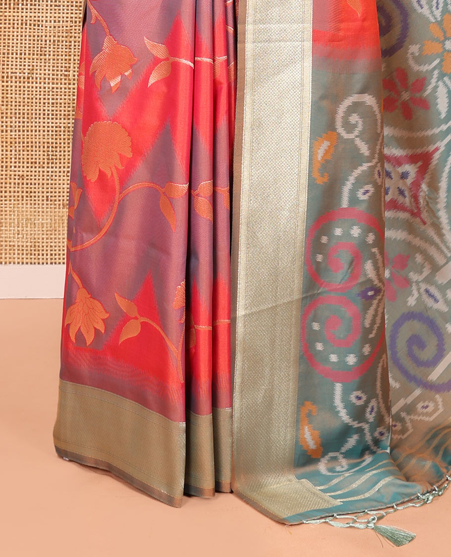 Pink Mulberry Soft Silk Saree, Enriched with Zig-Zag Stripes and Floral Jaal Design on Its Body, Highlighted by a Zari-Decked-Up Border, Pallu Features an Ikkat Design Weave, and Paired with a Blouse