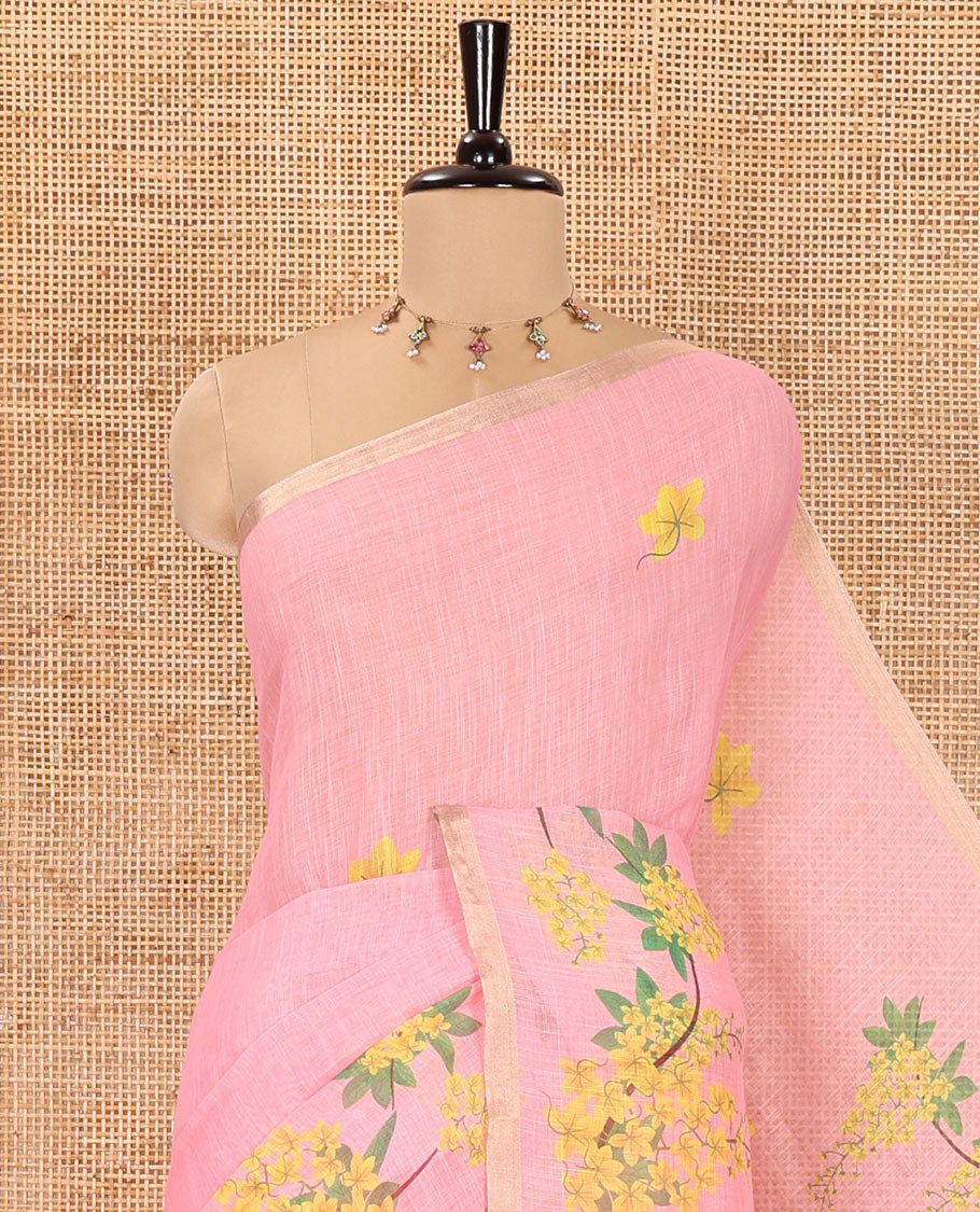 Pink Linen Saree, Enthralled with Averrhoa Carambola-Style Floral Motifs Print, Subtle Piping Border, Pallu Mirrors the Same Print, and Paired with a Matching Blouse