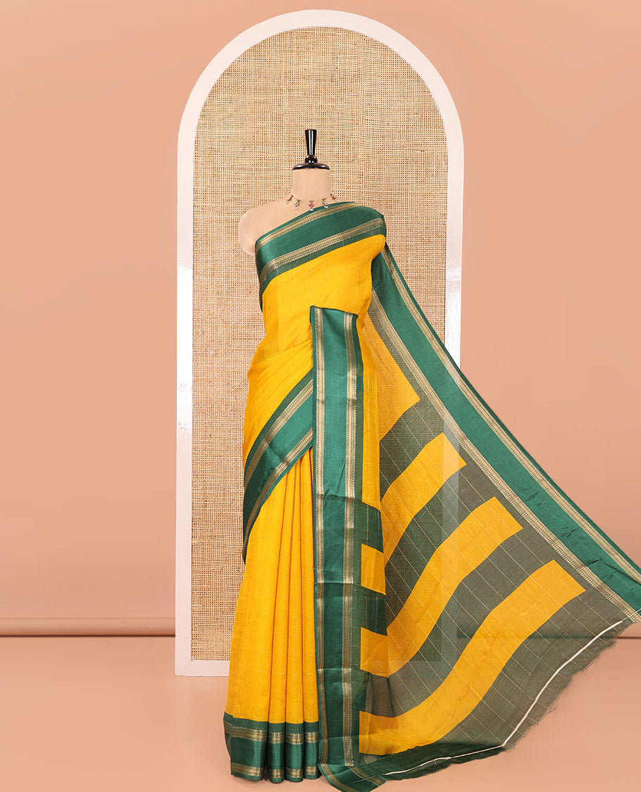 Yellow Moss Chiffon Saree, Subtly Sparkled with Checked Design on Its Body, Complemented by a Contrast Rettai Pettu Traditional Zari Border, Striped Pallu, and Paired with a Contrast Blouse