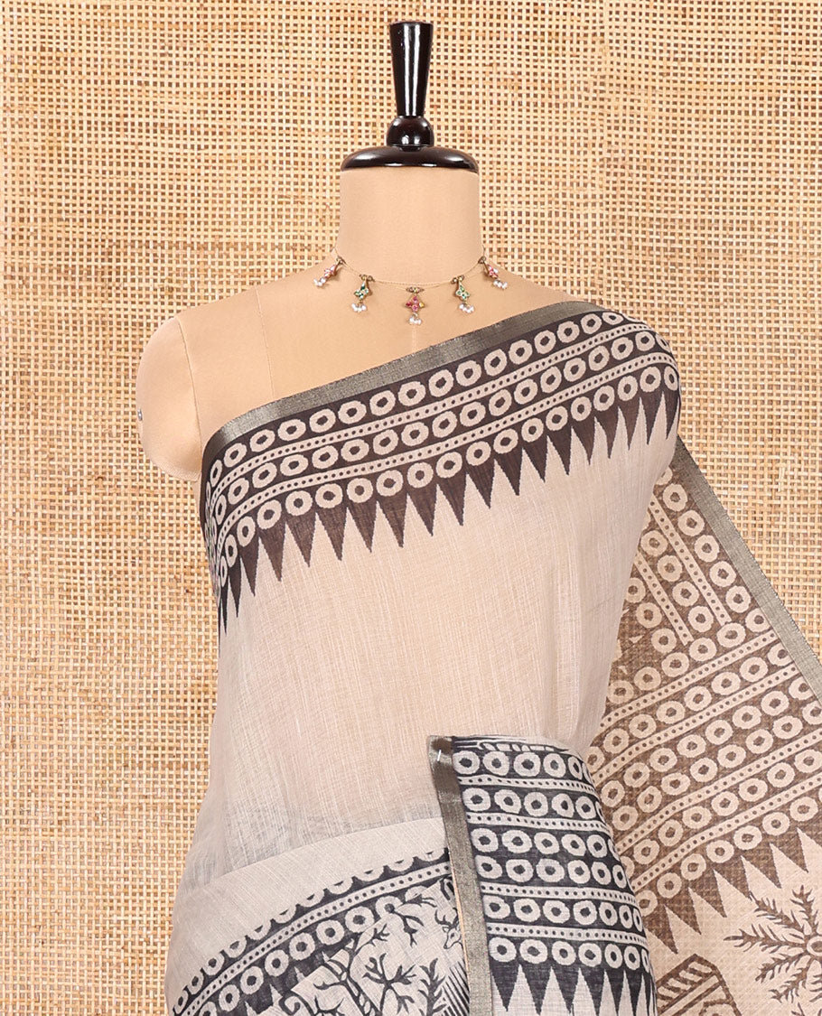 Chikku Plain Linen Cotton Saree, Artfully Printed Pallu of Temple Motifs, Circles, and Warli Village Themed Motifs Printed All Over Its Body, and Border, Pallu Pictures Warli Village Theme Motifs, and Paired with a Contrast Blouse