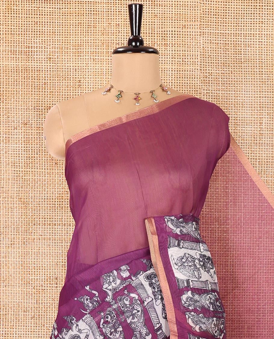 Purple Chanderi Cotton Saree, Adorned with Kalamkari-Style Ancient Human Figurines Printed on Its Body, Subtle Zari Piping Border, Pallu Depicting Kalamkari Peacocks, and Paired with a Matching Blouse