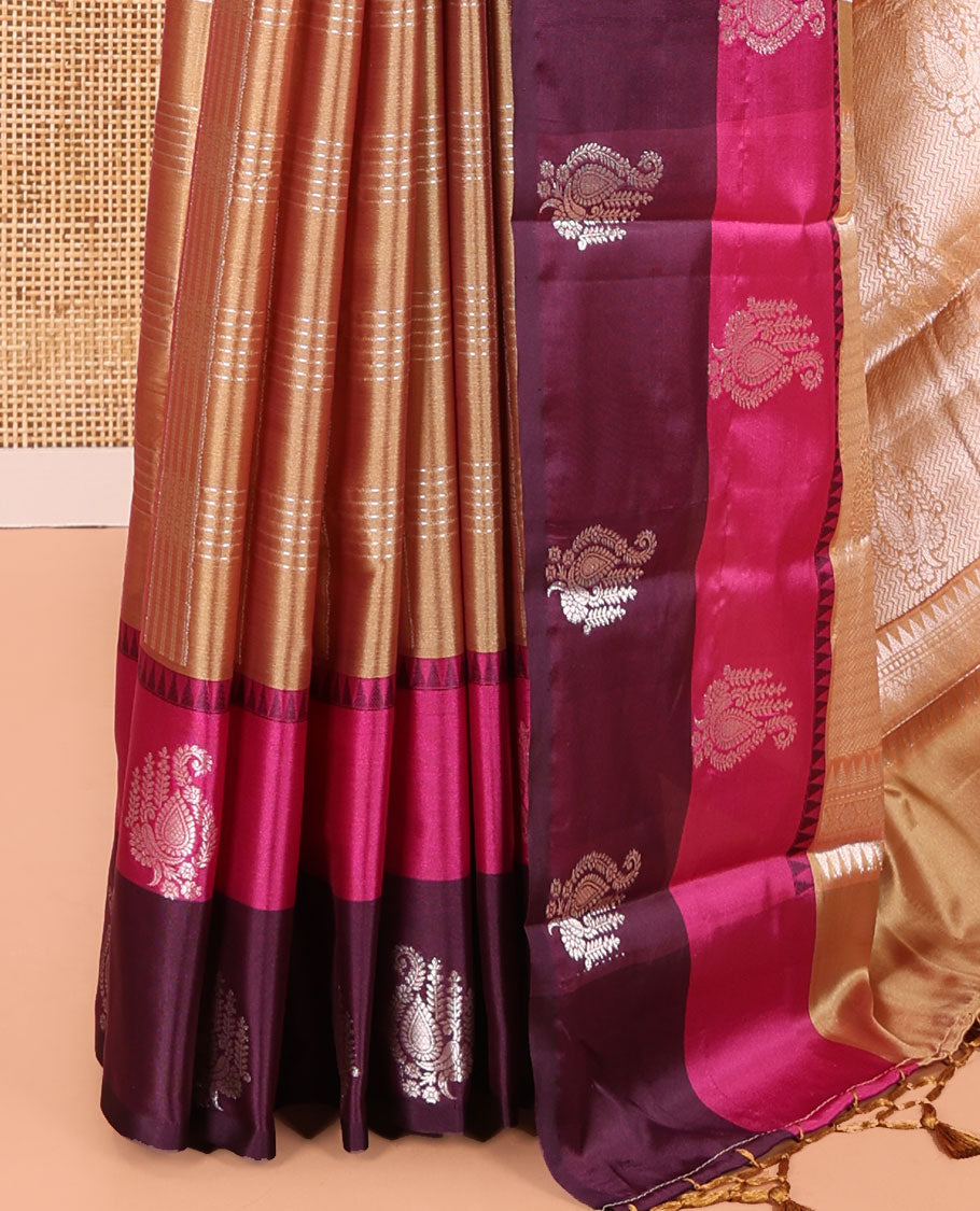 Gold Warm Silk Saree, Majestically Detailed with Zari Buttas and Zari Checks on Its Body, Complemented by a Contrast Temple Border of Unique Designs, Intricately Designed Pallu, and Paired with a Matching Blouse