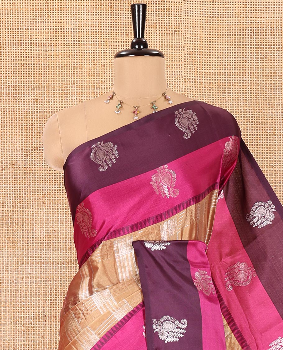 Gold Warm Silk Saree, Majestically Detailed with Zari Buttas and Zari Checks on Its Body, Complemented by a Contrast Temple Border of Unique Designs, Intricately Designed Pallu, and Paired with a Matching Blouse