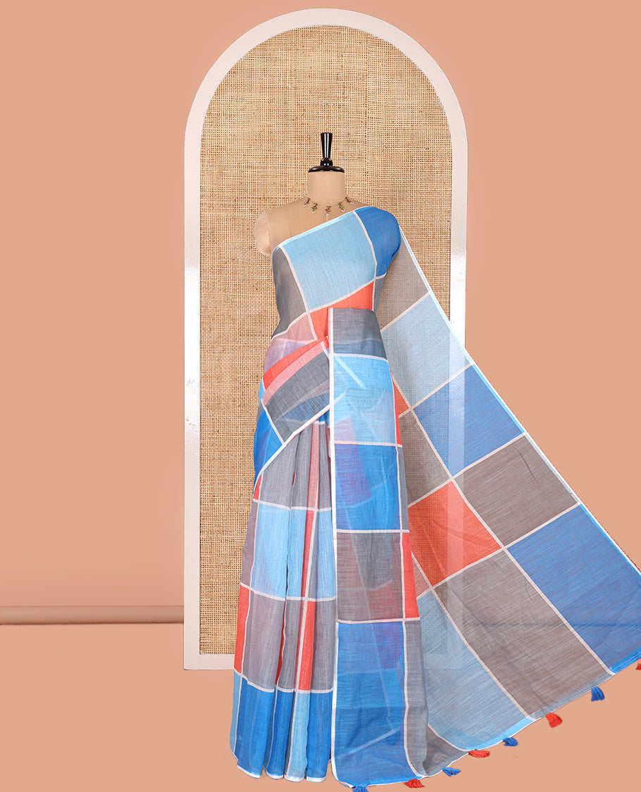 Borderless Multi-color Linen Cotton Saree, Accentuated with Big Colorful Solid Checks On Its Body, Self-Pallu of Tassels, and Paired with a Contrast Plain Blouse