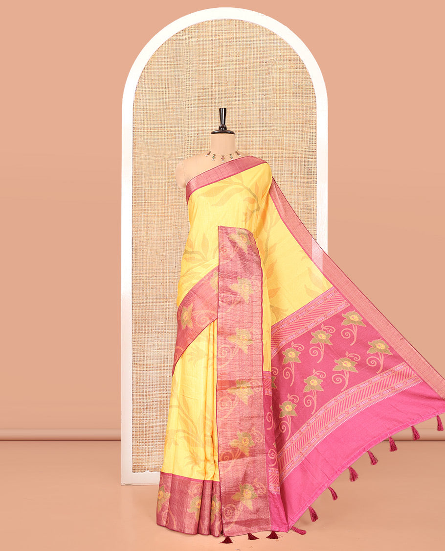 Yellow Manipuri Silk Saree, Subtly Sparkled with Pochampally-Style Floral Design on Its Body, Complemented by a Contrast Border of Floral Design, Pallu of Floral Motifs, and Paired with a Contrast Blouse