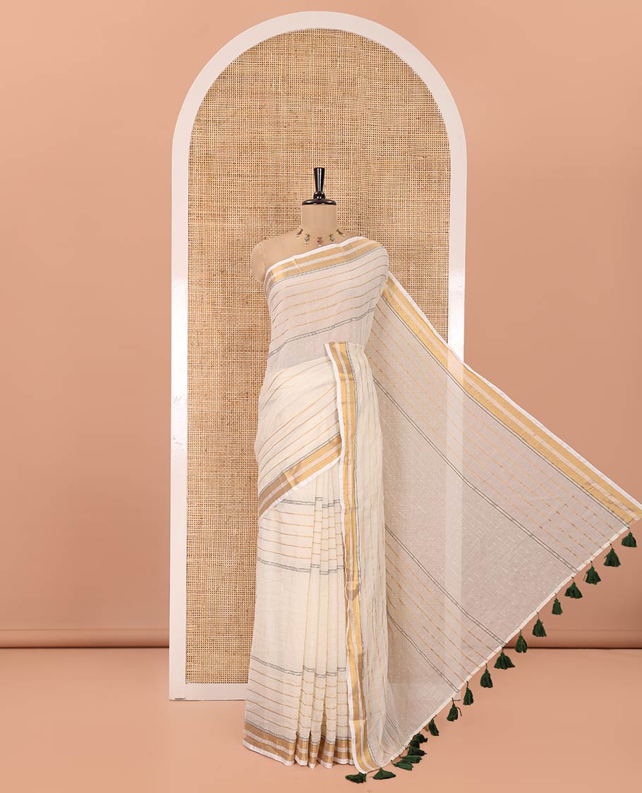 Cream Khadi Mul Cotton Saree, Woven with Horizontal Stripes On Its Body, Subtle Zari Border, Stripes Pallu, and Paired with a Matching Blouse
