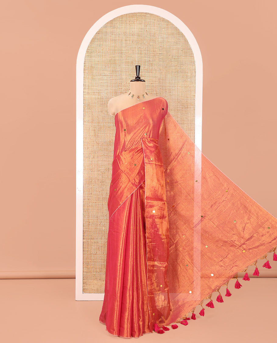 Borderless Pink Khadi Tissue Silk Saree, Subtly Sparkled with Sequins On Its Body, a Self-Pallu and Paired with a Matching Blouse